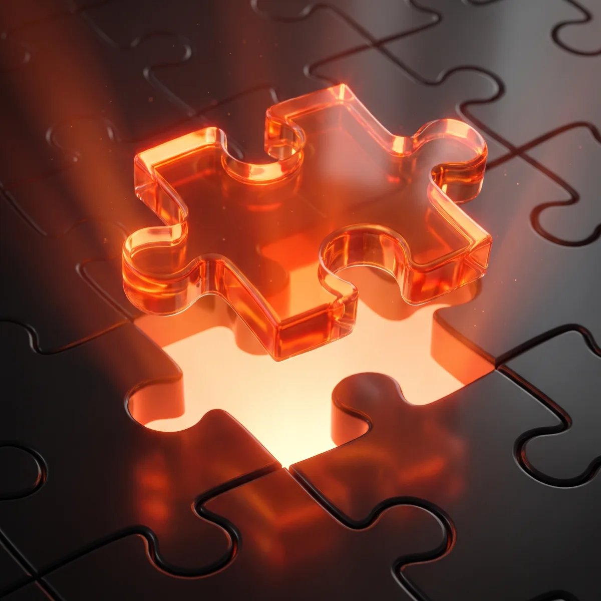 A glowing orange glass puzzle piece lifting out of a dark puzzle